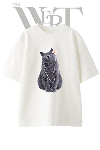 THEWERT Μπλουζάκι Unisex Λευκό Oversize με στάμπα σχεδίου ακουστικών Grey Cat
