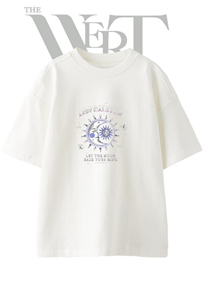 THEWERT Moon Sun Face Design Printed Unisex White Oversize T-Shirt