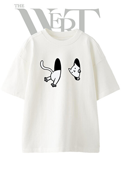 THEWERT Tricou supradimensionat alb unisex cu imprimeu Cat Portal Design