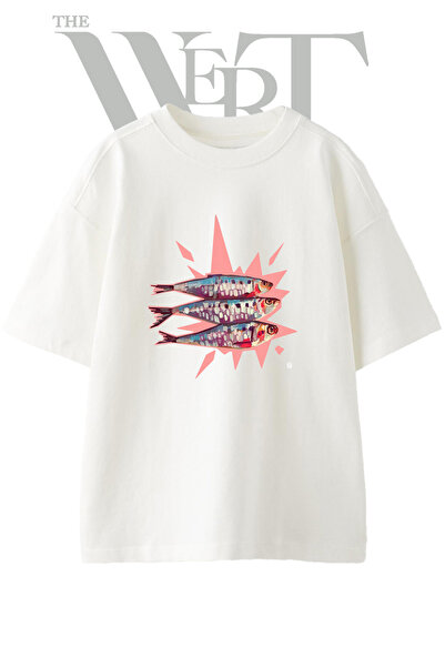 THEWERT Sardine Art Design Printed Unisex White Oversize T-Shirt