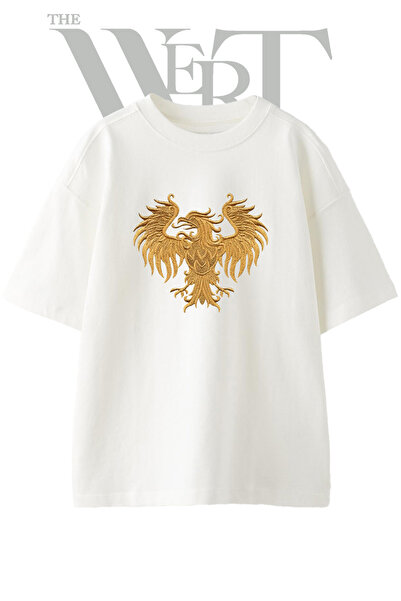THEWERT Gold Eagle Design Printed Unisex White Oversize T-Shirt