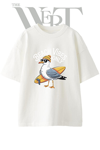 THEWERT Gull Surfer Design Printed Unisex White Oversize T-Shirt