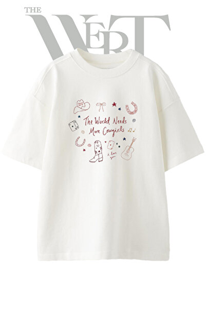 THEWERT Μπλουζάκι με στάμπα Western Cowgirl Design, Unisex, λευκό, oversized