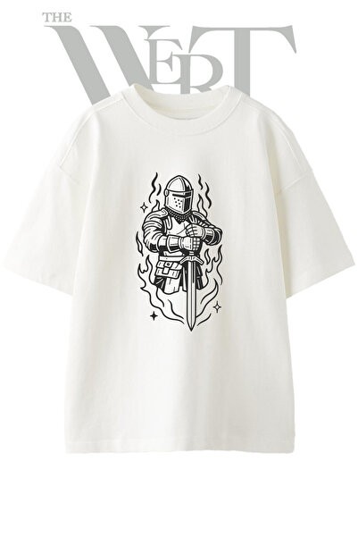 THEWERT Tricou oversize alb unisex cu imprimeu Knight Sword_1