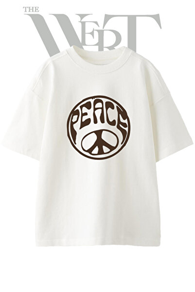 THEWERT Peace Symbol Design Printed Unisex White Oversize T-Shirt