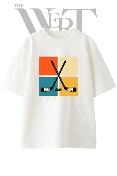 THEWERT Tricou supradimensionat alb unisex cu imprimeu design hochei, crose ș...