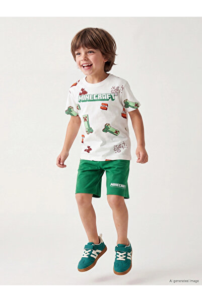 LC Waikiki LCW Kids Ecru Minecraft šorti za dečake sa printom, set pidžama