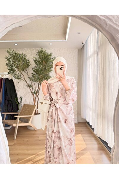 BELLASTORE Desenli ipek saten kuşaklı elbise