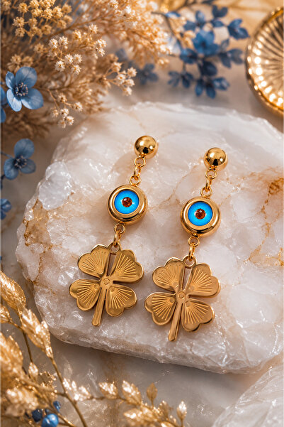 Sylvera Shop Nazarlı Yonca Dangle Steel Earrings (Gold Color)
