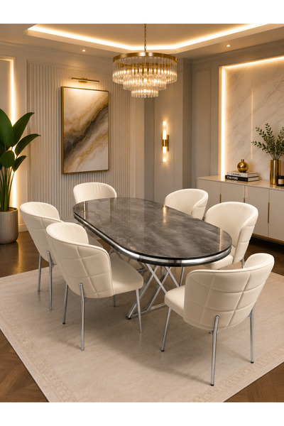 Concept Ayz Home Pera Krom Serisi 6 Kişilik Krem Kumaş 90*168 İrony Lake Pane...