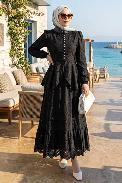 Neva Style Belted Button Detailed Brode Black Hijab Suit 50205S