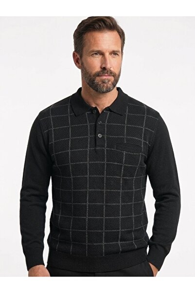 ONNO Men's Polo Collar Tricot Sweater with Elastic Waist, Steel Knitting, Cla...