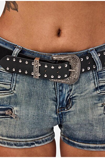 it's basic Kadın Kot Rengi Mini Kemer Dahil Özel Tasarım Denim Şort
