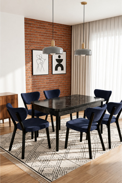 Concept Ayz Home Valoria Serisi 6 Kişilik 80x130 cm Siyah Mermer MDF Antrasit...