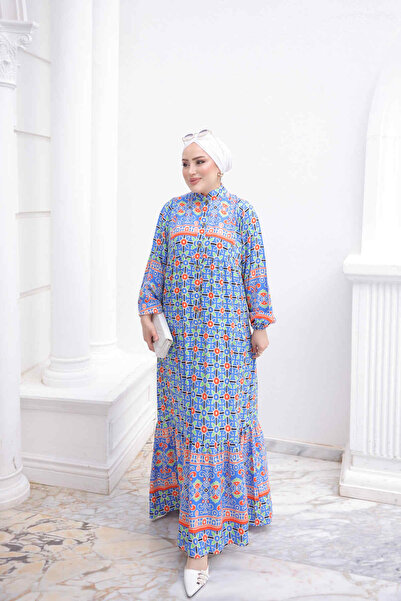 İmajButik Saks Blue Half Buttoned Sleeves Elastic Skirt Layered Viscose Dress