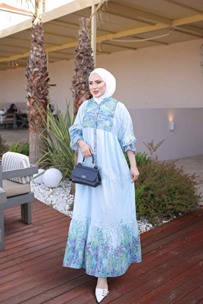 İmajButik Blue Half-Buttoned Layered Dress with Elastic Sleeves