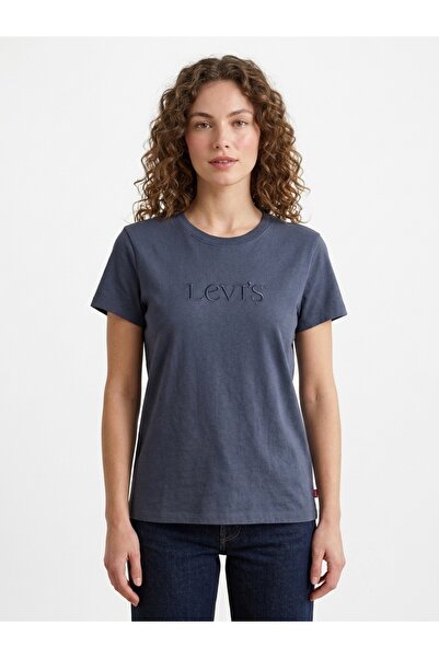 Levi's Favorite Club Serif Logo Women's Navy Blue Crewneck T-Shirt 008Bx-0013