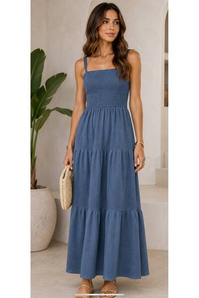 PAYİNİ Busem Women's Giped Strappy Maxi Dress Summer Comfortable Cut Daily St...