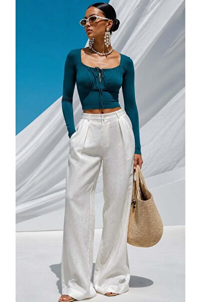 Modafeminen Long Sleeve Square Neck Gathered Detailed Crop Blouse 582376 Emerald