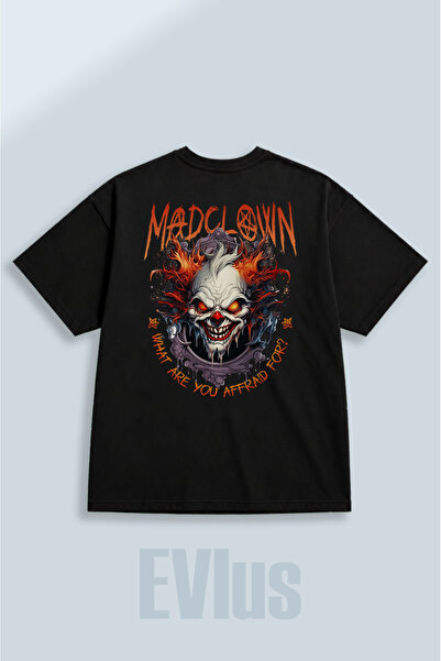 EVIus Tricou negru supradimensionat, cu imprimeu Madclown, 100% bumbac, cu de...