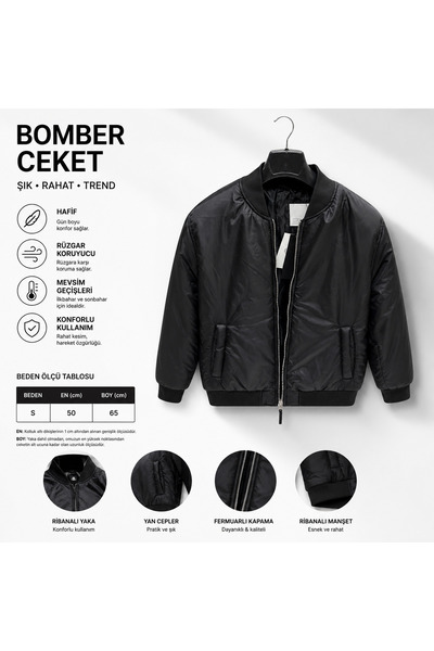 Erkek Siyah Bomber Ceket Fermuarlı Ribanalı Günlük Mevsimlik Ceket