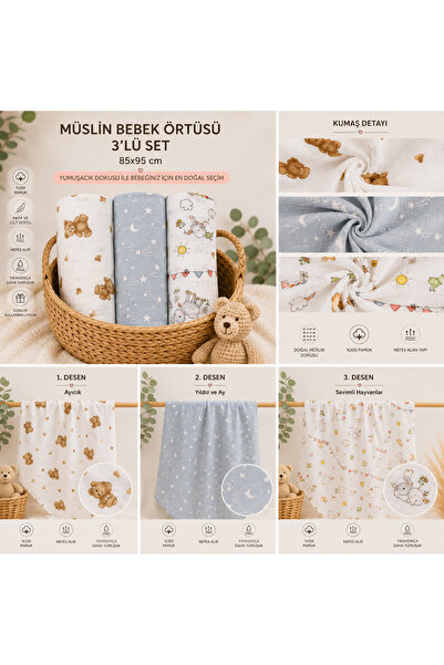 Çok Amaçlı Müslin Örtü 3 lü Set %100 Pamuk (85x95)