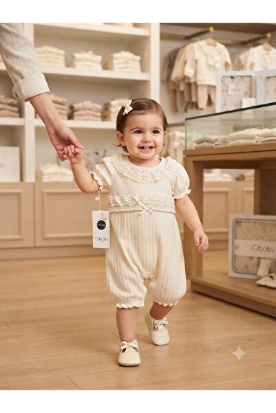 ALİSS ALİŞŞ BEBE Kız Bebek Ekru Dantel Yakalı Fitilli Romper Tulum – %100 Pam...