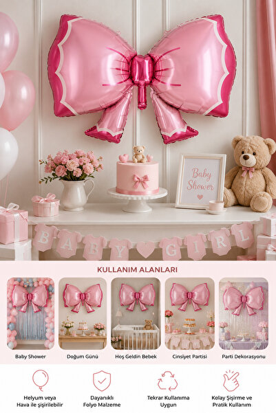 TATLI GÜNLER Retro Pembe Papyon Fiyonk Kurdele Folyo Balon 98x58 cm Büyük Boy...