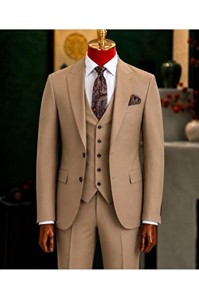 ilayda emir Men's Beige Slim Fit Suit with Vest Classic 3 Piece 6 Drop Weddin...