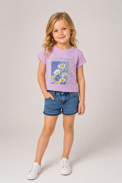 Yalçınoğlu Kids Girl's Cotton Printed T-Shirt and Denim Shorts Two-Piece Set ...