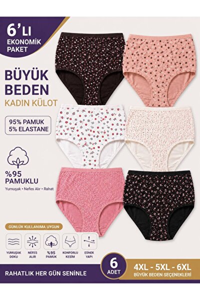QULAT Büyük Beden Kadın Külot 6’lı Paket %95 Pamuk %5 Elastan Esnek Rahat Slip