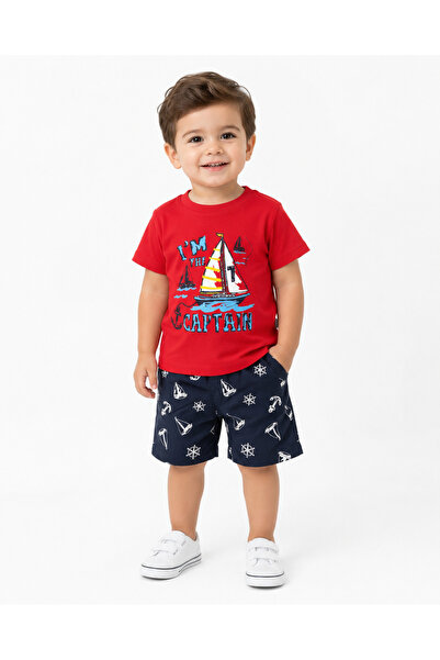 MADE Boys' Navy Set Red T-Shirt and Navy Shorts with Captain's Drawing