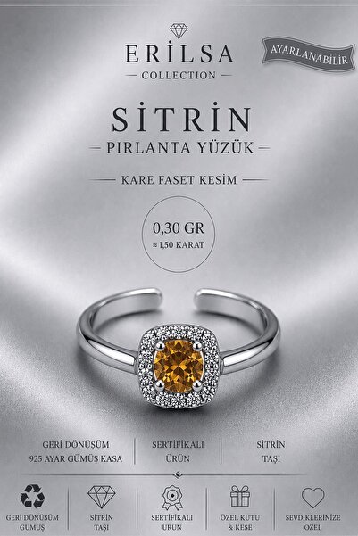 Erilsa Sertifikalı Sitrin Taşı Pırlanta Model Kare Faset Kesim 1,50 Karat 925...