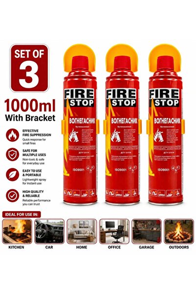 FIRE STOP 3 قطع طفاية حريق رغوية للسيارة والمنزل والمكتب، سعة 1000 مل مع حامل