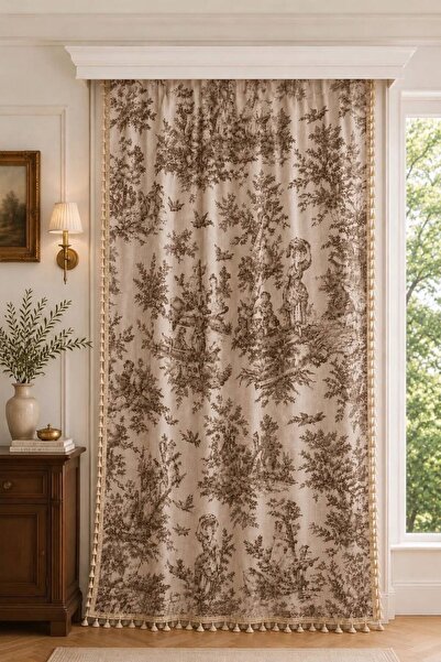 linea natura home Kahverengi Fransız Köylü Desenli Tek Kanat Fon Perde Korniş...