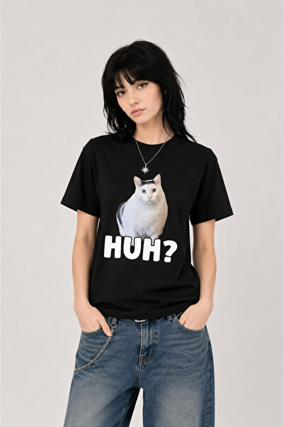 None Wear تي شيرت أسود للجنسين بطبعة ''HUH'' Meme Cats