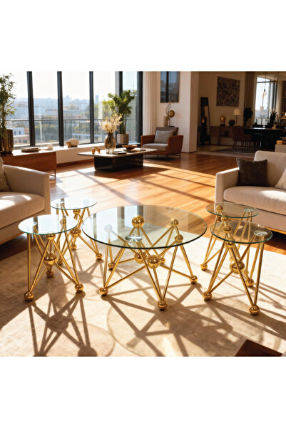 GLAMOURE HOME طقم طاولات قهوة وضيافة مودرن 5 قطع – طاولة وسط دائرية مع 4 طاول...