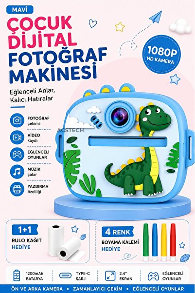 ACSTECH Fotoğraf Çıkaran Çocuk Dijital Fotoğraf Makinesi | Dinazor Tasarımlı ...