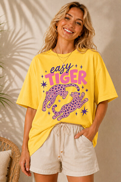 ArtYus Tricou oversize unisex cu imprimeu Easy Tiger, cu gât turnat, casual -...