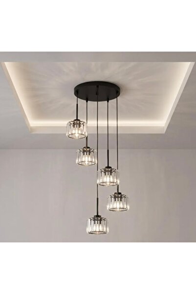 demet habek mylights E27 Kristal Taşlı 5’li Beşli Siyah Avize Modern Salon Ta...