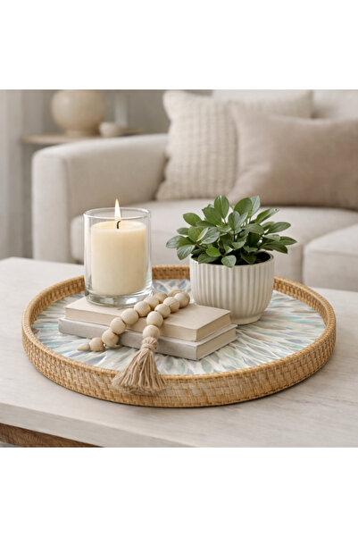 Generic Terreamour Handmade Rattan Mother of Pearl Tray, Round Decorative Serving Tray, Natural Woven Fruit, Dessert & Tabletop Display Tray – D30 cm