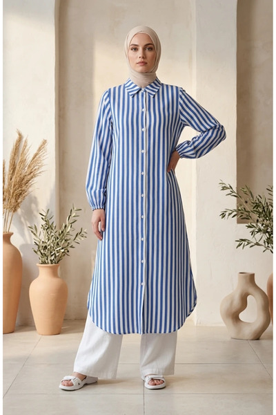 sefamerve Shirt Collar Striped Buttoned Linen Tunic 0332-01 Saks