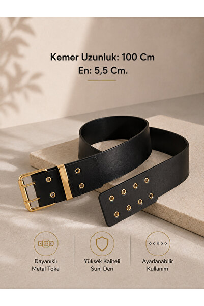 MM Mac Moda Women's Square Buckle Double-Tongue Leather Belt - Black