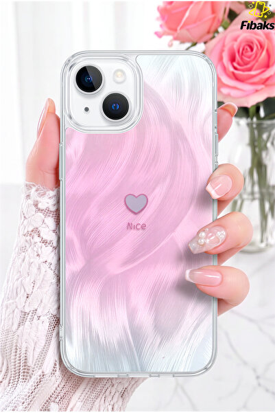 Fibaks iPhone 13/14/15 Kılıf Hologramlı Pembe Işıltı Minik Kalp Dalga Desenli...