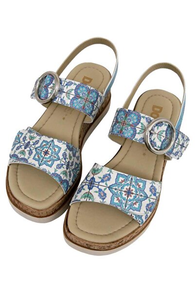 Dogo Women's Vegan Leather Blue Thick Sole Sandals - Aegean Tiles Design