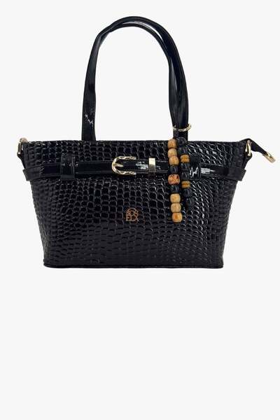 SOSELA 67-8150 Women's Patent Leather Beaded Black Shoulder and Shoulder Bag