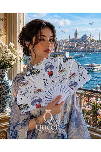 QUEEN AKSESUAR Zarif parlak beyaz İstanbul boğaz kız kulesi desenli katlanır ...
