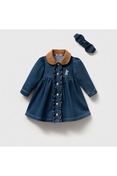 Momercy Baby Girl Garni Collar Premium Denim Dress and Bandana Set