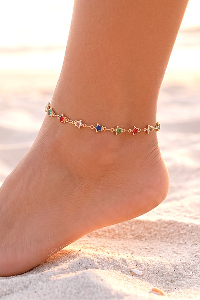 Elika Silver Colorful Zircon Stone Star Model Gold Color Anklet