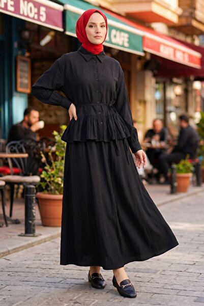 Naknaku Women's Black Shirt Collar Skirt Hem Gathered Tunic Skirt Combination...